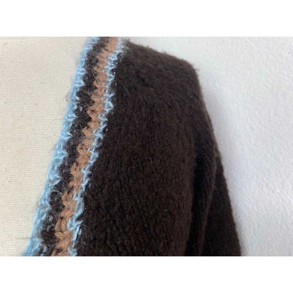 Vintage Hand Knit Brown Wool Open Front Cardigan Mohair Blue Trim Pockets S/M
